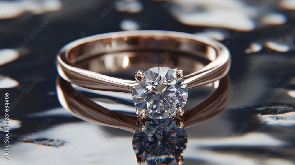 Poster a solitaire diamond gold ring displayed on a mirrored surface, creating a beautiful reflection.