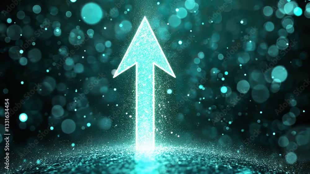 Poster glowing turquoise arrow pointing upwards surrounded by sparkling particles, symbolizing energy, move