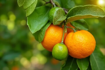 AI-Generated Close-Up of Ripe Oranges on a Tree Branch with Lush Green Leaves