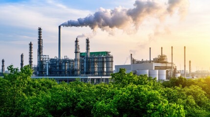 Obraz premium Industrial landscape with smokestacks releasing emissions, surrounded by greenery under a blue sky.