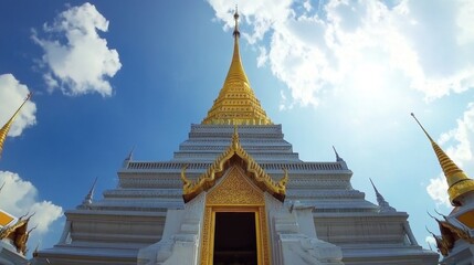Fototapeta premium A stunning view of Mahachedi Chaimongkol Temple in Roi Et Province, showcasing its intricate architecture and golden spire reaching into the sky.