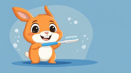 Fototapeta premium cartoon illustration of a rabbit holding a toothbrush, perfect for dental hygiene themes and children's educational materials. The rabbit is rendered in a bright, friendly style.