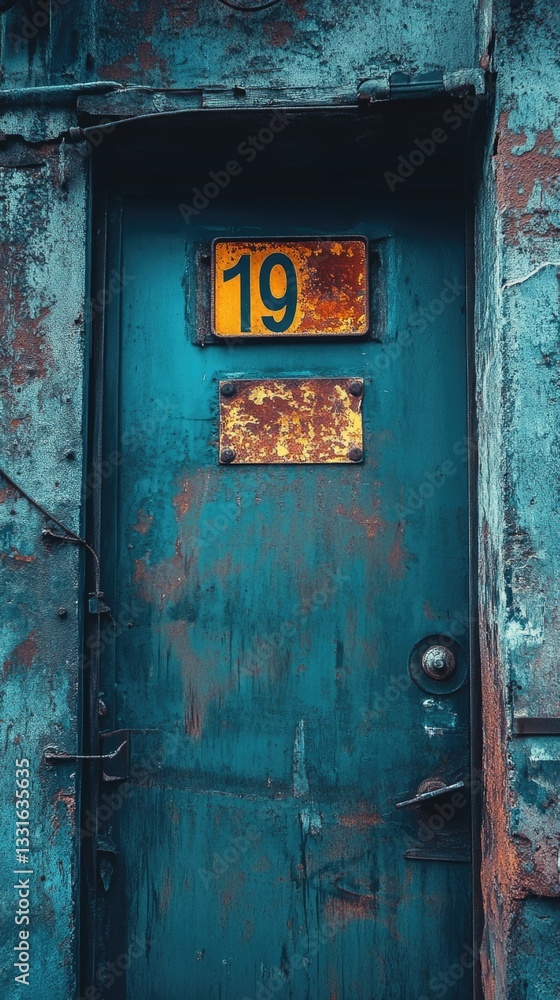 Poster a blue door with a number sign is featured in this image, suitable for use in real estate or propert