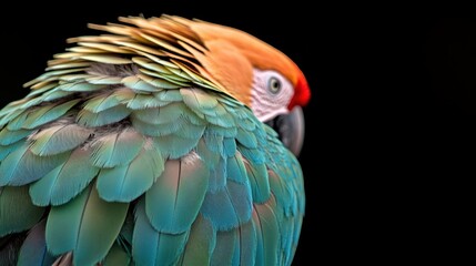 Fototapeta premium Vibrant parrot feathers showcase a stunning gradient of colors, highlighting nature's artistic brilliance.