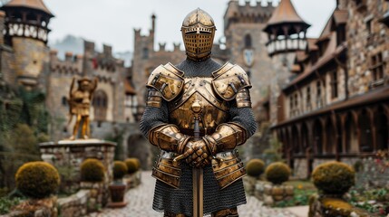 A medieval knight in shining armor, standing tall in a castle courtyard.  HD 8K wallpaper Photographic Image 