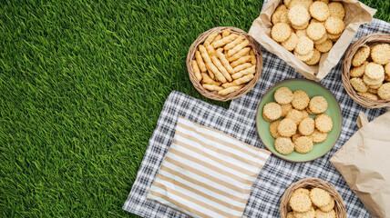 picnic scene with various organic snacks in baskets