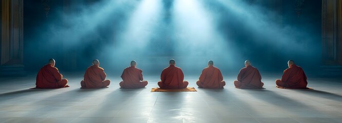 Serene Assembly: Seven figures in vibrant robes are captured in deep meditation, bathed in heavenly light. The scene captures the tranquility and focus of a group.
