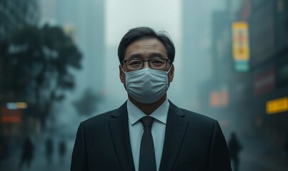 A man in a black suit and a face mask is in a place with PM 2.5 dust.