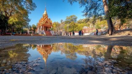 Naklejka premium A tranquil scene at Mahachedi Chaimongkol Temple during the day, with people walking around the sacred grounds and reflecting on their surroundings.