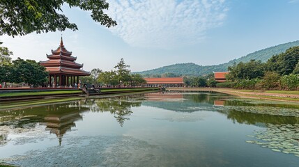 Fototapeta premium A tranquil scene at Mahachedi Chaimongkol Temple during the day, with people walking around the sacred grounds and reflecting on their surroundings.
