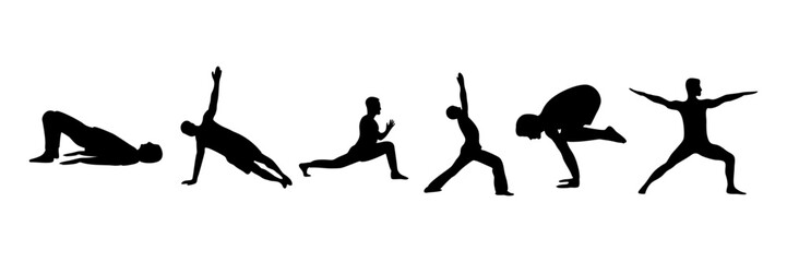 Silhouette of different male yoga poses