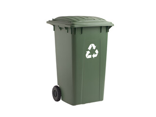 green recycling bin with visible white recycle symbol on front, featuring closed lid and two black wheels, designed for waste management and environmental sustainability