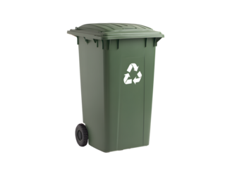 green recycling bin with visible white recycle symbol on front, featuring closed lid and two black wheels, designed for waste management and environmental sustainability