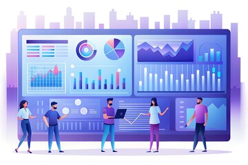 A Team Collaborating On Data Insights Displayed On A Large Interactive Screen Showcasing Business Analytics In A Vibrant Purple And Blue Color Scheme