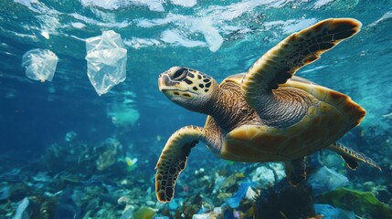 Obraz premium A turtle swimming near plastic debris, illustrating the impact of pollution on marine life.