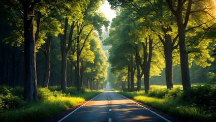 Obraz premium A serene forest road bathed in dappled sunlight