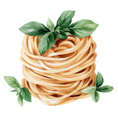 Delicious watercolor illustration of brown pasta with fresh basil leaves