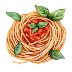 Delicious watercolor illustration of spaghetti with tomato sauce and basil leaves
