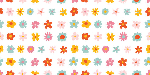 Seamless pattern with bright various flowers. Buds with crayon texture in a row. Flat vector illustration. Design for background, wrapper, textile, wallpaper.