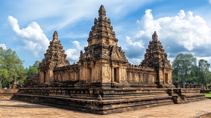 A wide shot of Mahachedi Chaimongkol Temple, highlighting the peaceful atmosphere and the temple's distinctive architectural features against the blue sky.