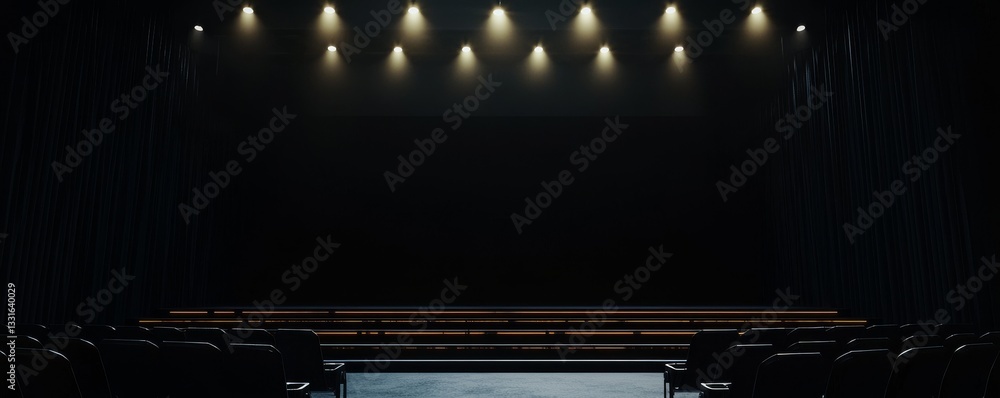 Poster empty theater stage with focused lighting setup.
