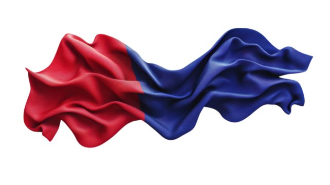 Waves of fabric in red and blue create a striking visual display enhancing the sense of movement and vibrancy