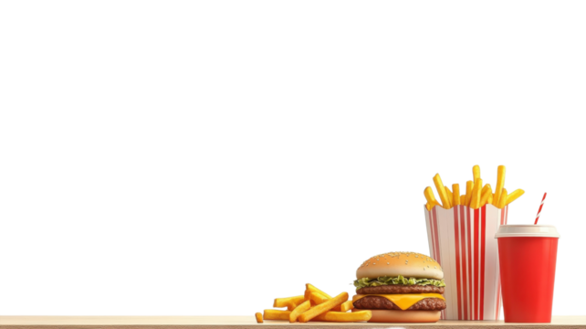 Fast food meal featuring burger, fries, and drink on a simple wooden table with a white background