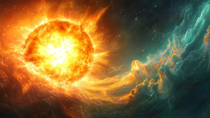 Ultra-Detailed Vibrant Digital Illustration of a Glowing Sun – Rich Golden and Orange Hues, Cosmic Energy Waves