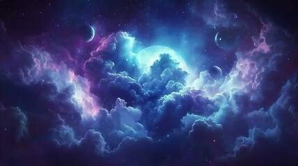 Obraz premium Celestial night sky featuring moon and colorful fluffy clouds