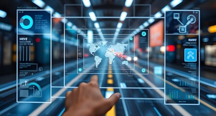 Futuristic Tech Interface Hand Interacting with Digital World Map, Data Visualization in Modern Technology.