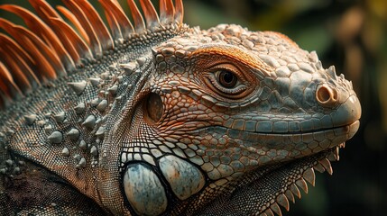 Fototapeta premium a close-up of an iguanaâ€™s spiky, textured skin, the intricate details of its rough, weathered scales standing out in high definition. 
