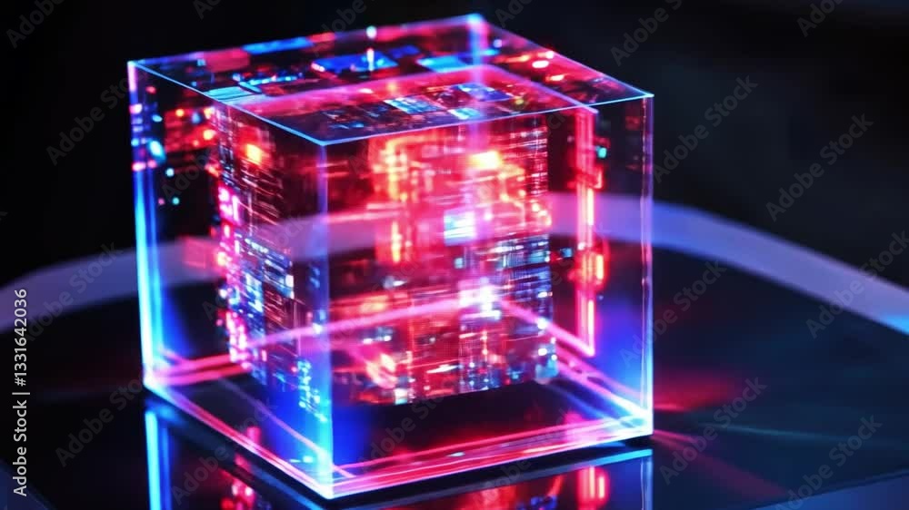 Poster illuminated cube modern design of colorful patterns and reflections showcasing technology and innova