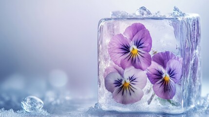 Floral ice cube with pansies captured indoors showcasing delicate beauty in a frozen state