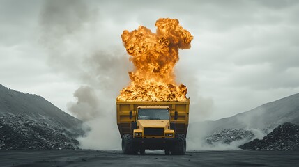 Burning Dump Truck for Mine Explosion.