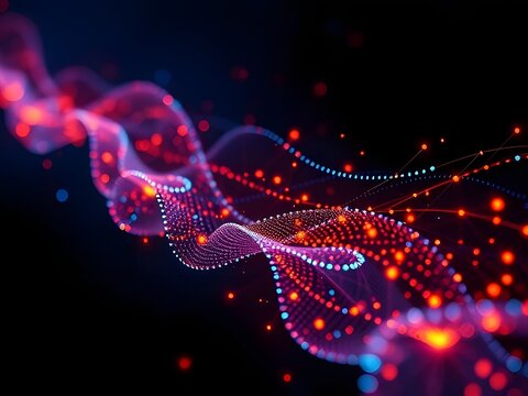 Abstract digital waves with glowing dots, data visualization, network connection, AI, technology background.