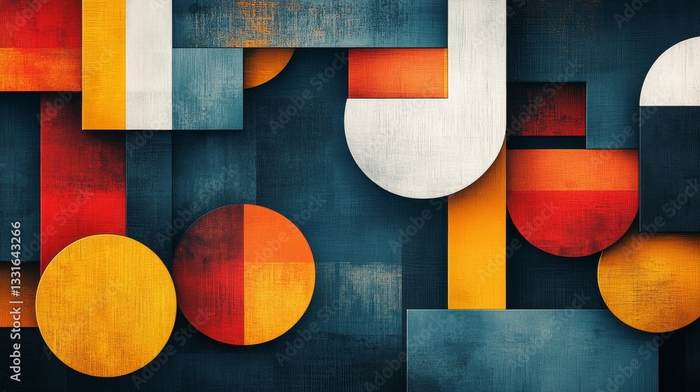 Poster abstract geometric composition featuring colorful shapes and textured background