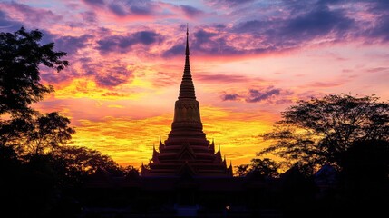 Fototapeta premium The silhouette of Mahachedi Chaimongkol Temple during sunset, with the golden spire standing proudly against the colorful sky.