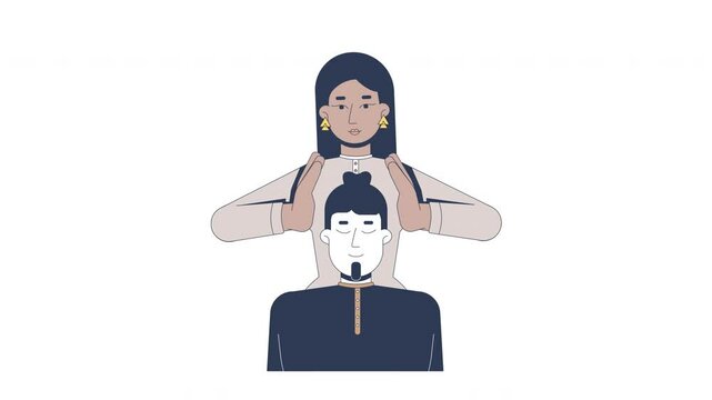 Energy healing with reiki therapy cartoon animation. Eastern wellness spiritual. Asian woman healer palms pranic healing man animated flat 2D characters 4K video isolated on white, scene storytelling