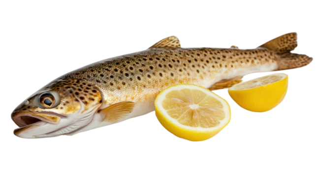 Freshly caught trout garnished with lemon slices on a rustic surface ready for cooking