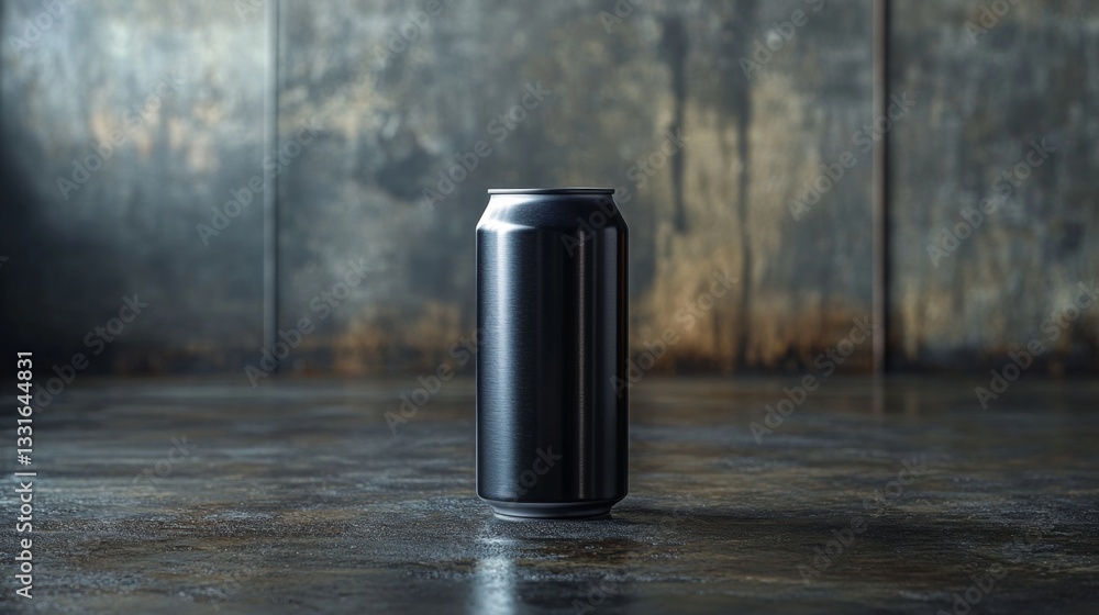Poster A sleek metal can is positioned upright on a rough, textured surface. The dim lighting highlights its reflective surface, creating an intriguing visual effect.