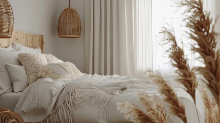 Boho bedroom mockup with fringed blanket pillows pampas grass and basket lamp