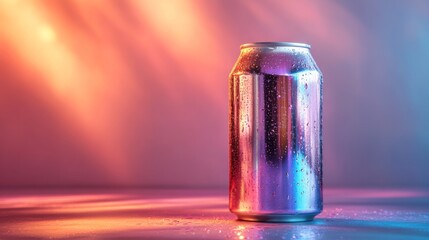 A metallic beverage can stands upright on a glossy surface, glistening with condensation. Colorful lights create a vibrant ambiance in the background.