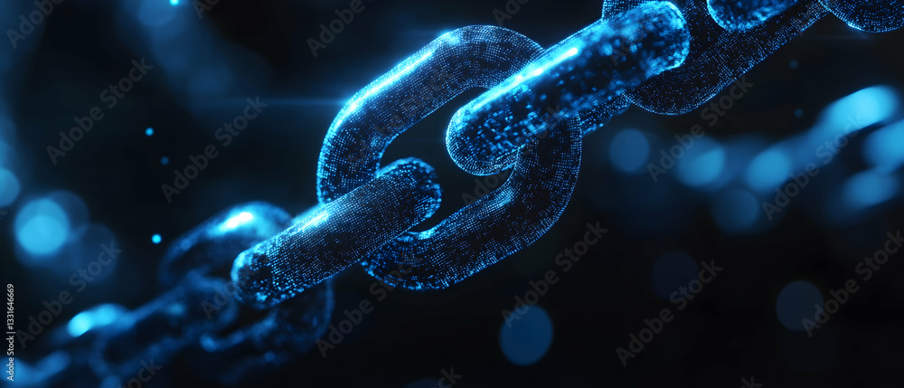Poster 3d blue icon of a chain link with digital blocks on a dark background