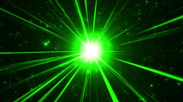 Abstract animation. Green rays and lines on a dark background radiate from the center. Explosion, energy flow. Movement, speed, energy.