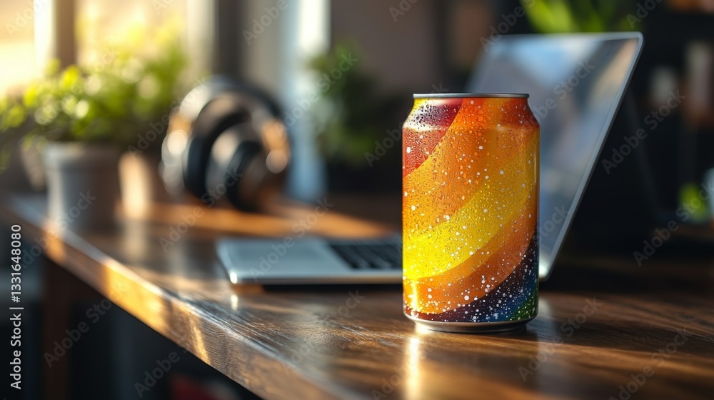 Poster a vibrant beverage can sits on a polished wooden table beside a laptop and headphones, illuminated b