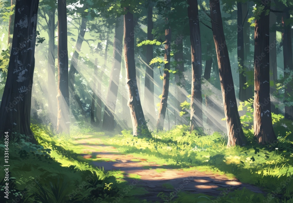 Poster walking path through forest with sun rays streaming through the trees