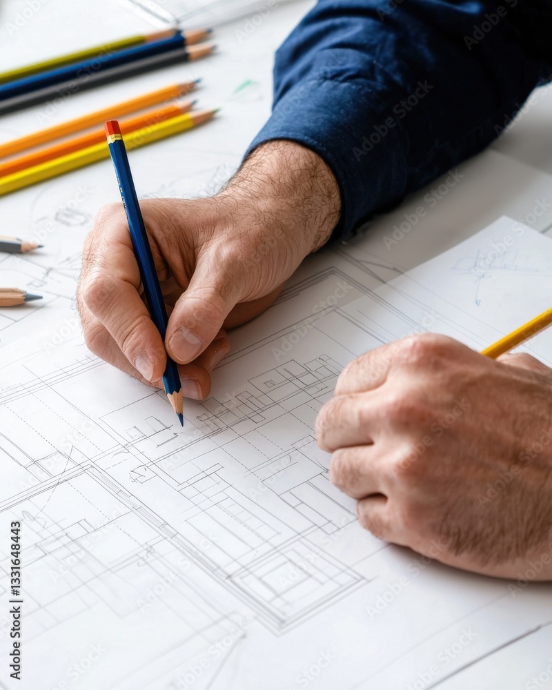 Poster hands of architect drawing on blueprint with colored pencils and drafting tools on workspace