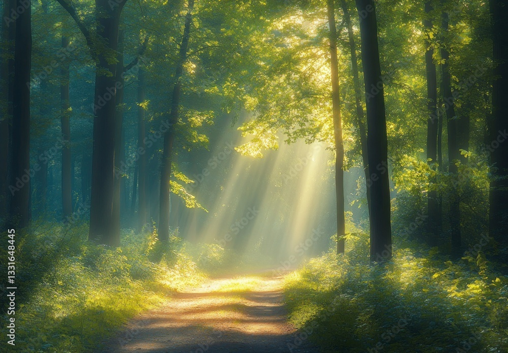 Poster sunlight streaming through forest path creating a magical nature scene
