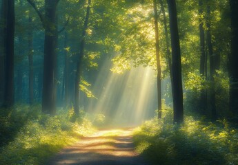 Naklejka premium Sunlight Streaming Through Forest Path Creating a Magical Nature Scene