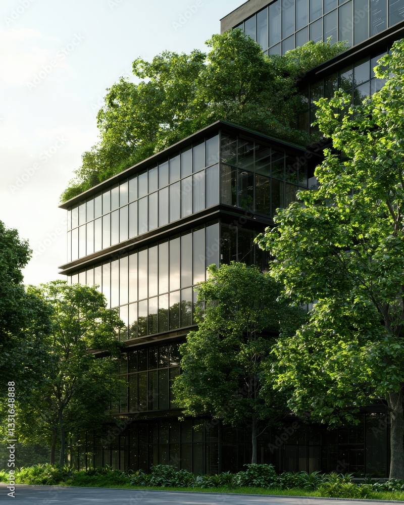 Poster modern sustainable architecture with greenery in urban setting emphasizing nature integration